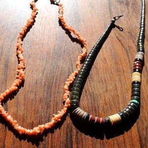 (2) Necklaces - Orange Coral Chip Necklace and multi-color Heishi Bead Necklace
